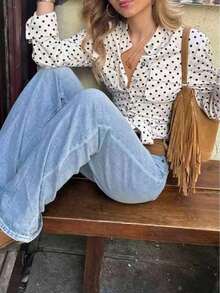 Camisa de mujer con estampado de lunares, de primavera/verano, nueva, informal, con cuello alto, botones delanteros, cintura con lazo, diseño elegante y ajuste ceñido para uso diario y viajes, color blanco - Blanco - Ver 4