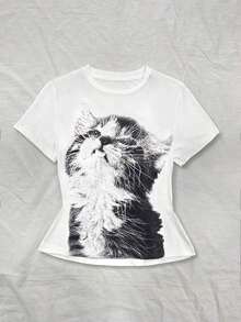 woman Todo tipo de impresiones, chaqueta, camiseta de cuello redondo, casual, para oficina, para viajar, muy popular, viento deportivo, estampado/patrón, camiseta de algodón 100%, camiseta casual, cómoda, suave, transpirable The latest popular bestseller Camiseta casual de manga corta con cuello redondo y estampado de gato para mujer, para verano - Blanco - Ver 6