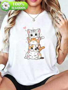 Una camiseta de manga corta para mujer con estilo retro americano, de diseño holgado y estampado (los pantalones son solo sugerencias de estilo). Este artículo sencillo y a la moda presenta patrones de texto con estampados tropicales, y es un elemento imprescindible para crear un estilo relajado de vacaciones, siendo muy adecuado para el Día del Trabajo y el Día de la Independencia de México. - Blanco - Ver 1