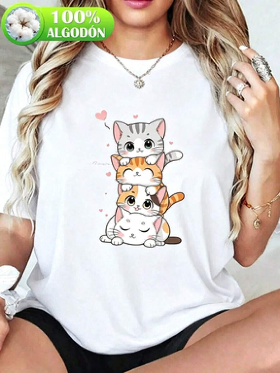 Una camiseta de manga corta para mujer con estilo retro americano, de diseño holgado y estampado (los pantalones son solo sugerencias de estilo). Este artículo sencillo y a la moda presenta patrones de texto con estampados tropicales, y es un elemento imprescindible para crear un estilo relajado de vacaciones, siendo muy adecuado para el Día del Trabajo y el Día de la Independencia de México. - Blanco - Ver 1