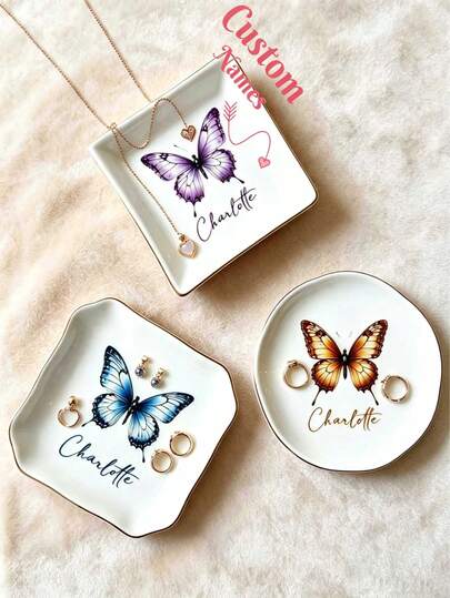 Personalized Colorful Butterflies Trinket Tray, Custom Ring Dish, Ceramic Jewelry Tray, Ceramic Ring Bowl, Wedding Gift, For Butterfly Lover