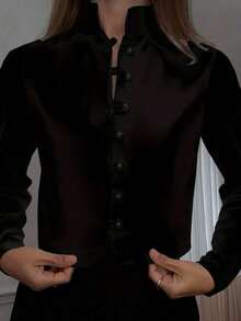 Blusa corta de manga larga con cuello mao y botones, elegante blusa delgada de unicolor, estilo chino moderno para mujer - Negro - Ver 6