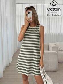 Vestido corto holgado de verano para mujer con estampado de bloques de color y rayas, ideal para vacaciones y uso diario - Verde militar - Ver 2