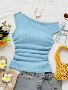 Blusa de punto con textura de burbujas de color albaricoque, cuello asimétrico con lazo en la cintura, ajuste ceñido, adecuada para fiesta, cita, paseo por la ciudad, viaje por carretera, playa de verano - Azul - Ver 4