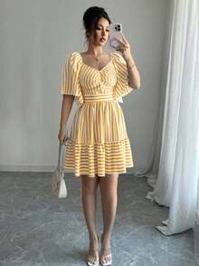Elenzya Vestido de primavera y verano de talla media con rayas azules y blancas, manga corta, elegante y casual, con cintura ajustada para mujeres - Multicolor - Ver 6