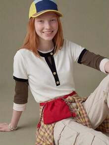 Blusa corta de mujer con cuello redondo, ribete de contraste, botones metálicos de media cartera, manga corta y ajustada.Tops cortos de mujer elegantes, lindos y de estilo preppy. - Blanco y Negro 2 - Ver 6