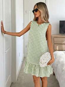 Vestido de verano estilo bohemio con cuello redondo sin mangas y corte evasé a dos colores a cuadros, vestido esencial para vacaciones y uso diario al aire libre - Multicolor 3 - Ver 2
