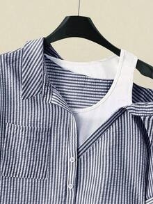 Camisa de mujer casual de manga corta raglán a rayas texturizada azul y blanca, de verano - Azul marino - Ver 4