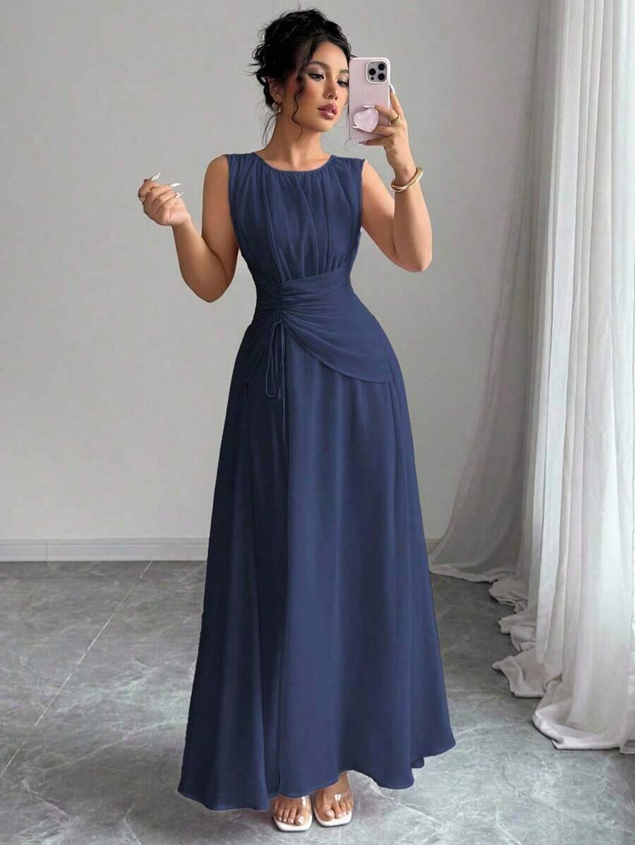 Vestido maxi casual, romántico, vintage y elegante de gasa para mujer con cordón en la cintura, para la playa, el té de la tarde, fiestas de noche, uso diario, sin mangas, de unicolor, vestido largo, primavera/verano - Azul marino - Ver 1