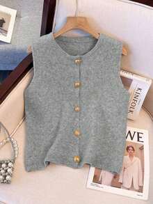 1 pieza Chaleco de punto de mujer minimalista de unicolor con botón de metal suave, parte superior casual versátil, suéter de moda de cuello redondo - Gris - Ver 8