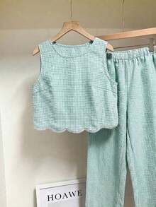 Frenchy Conjunto de 2 piezas de top sin mangas de cuello redondo a cuadros y pantalones para mujer - verde menta - Ver 7