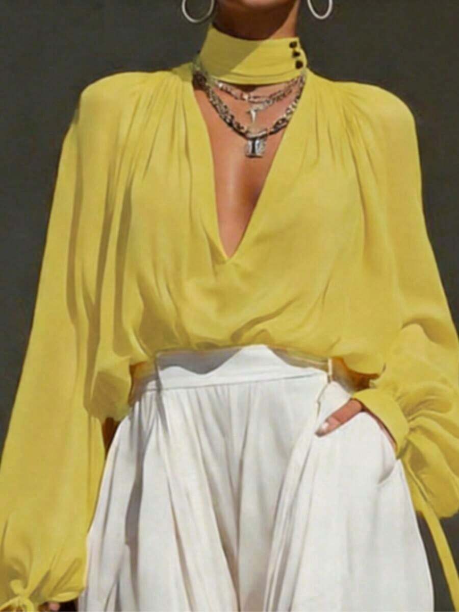 Blusa de mujer de manga larga de gasa, top semitransparente de cuello en V profundo, adecuado para ocasiones formales de primavera - Amarillo - Ver 1
