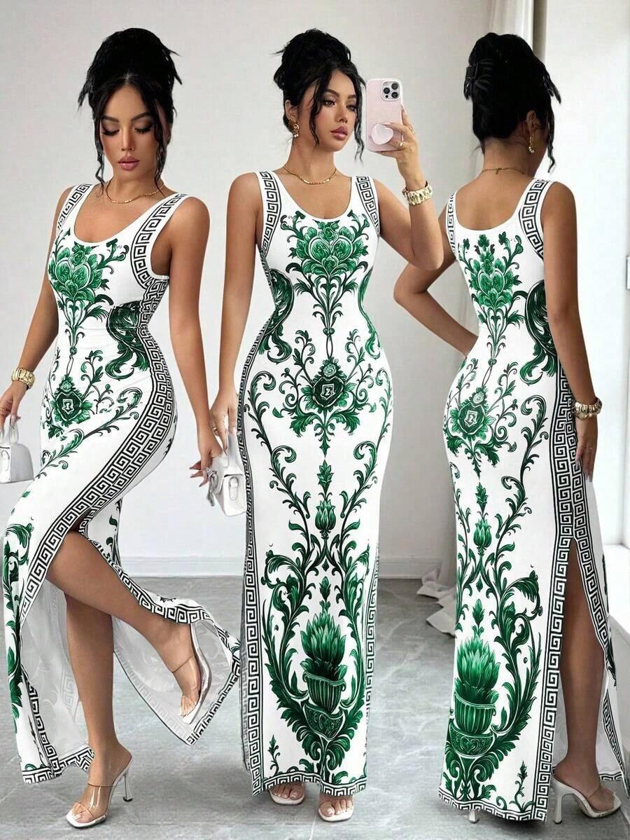 Exquisita bata de estilo retro de lujo con estampado de chinoiserie, cintura ceñida y abertura en el bajo, al estilo de Oriente Medio y los Emiratos Árabes Unidos - Multicolor - Ver 1