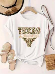 Camiseta Casual de Moda para Mujer con Diseño Estampado de Texas Leopard Longhorns, Adecuada para Todas las Temporadas  
 Negro - Blanco - Ver 2