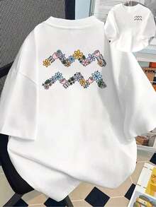 Camisetas de Talla Grande para Mujer - Camiseta Holgada de Hombros Caídos, Blusa Casual de Manga Corta, Camiseta de Manga Corta con Estampado Frontal y Trasero - Estampado Floral, Estilo Pintado a Mano - Camiseta Estampada de Primavera y Verano para Mujer, ¡Tu Mejor Opción!Transpirable y cómodo - Blanco - Ver 1