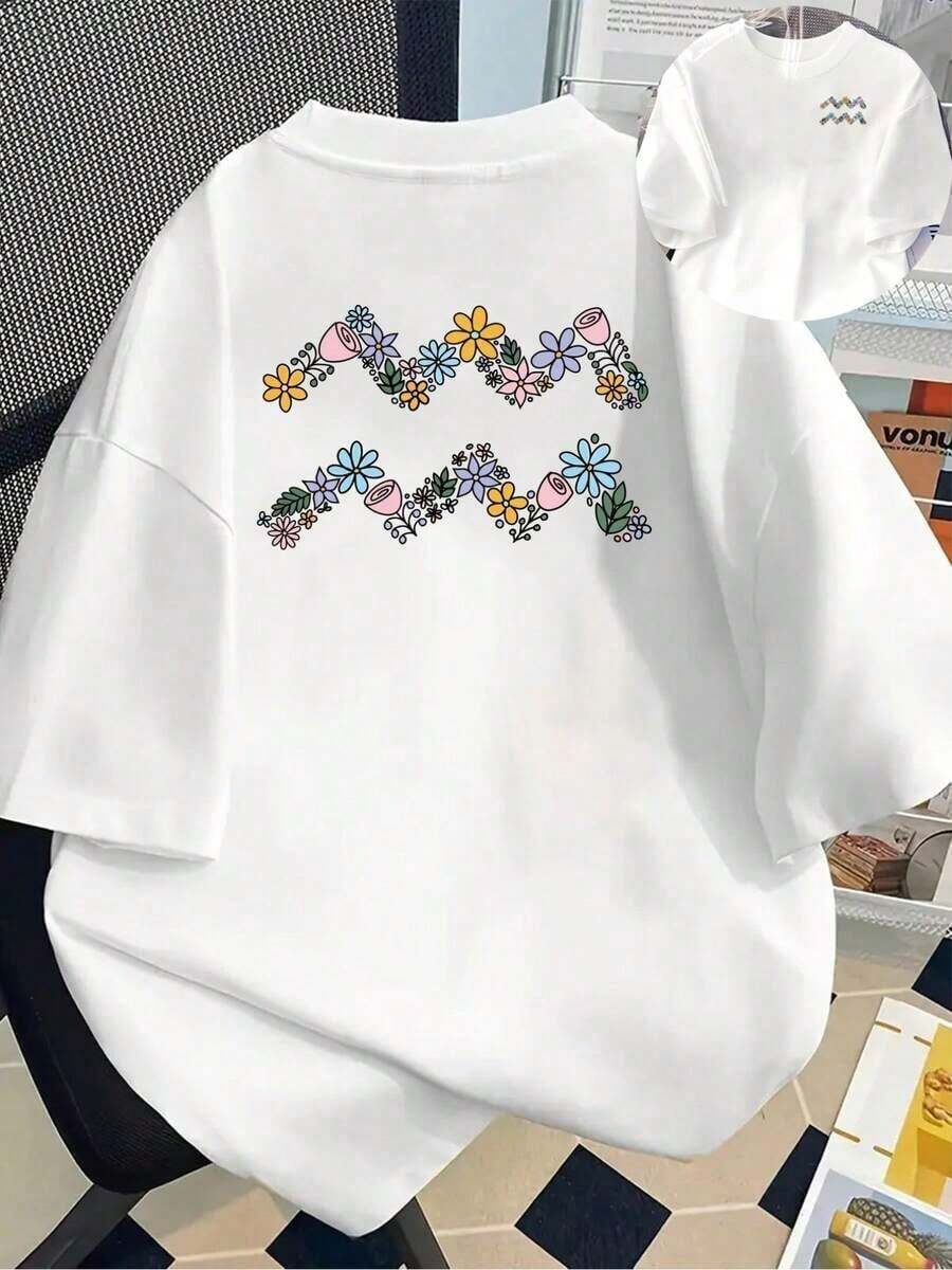 Camisetas de Talla Grande para Mujer - Camiseta Holgada de Hombros Caídos, Blusa Casual de Manga Corta, Camiseta de Manga Corta con Estampado Frontal y Trasero - Estampado Floral, Estilo Pintado a Mano - Camiseta Estampada de Primavera y Verano para Mujer, ¡Tu Mejor Opción!Transpirable y cómodo - Blanco - Ver 1
