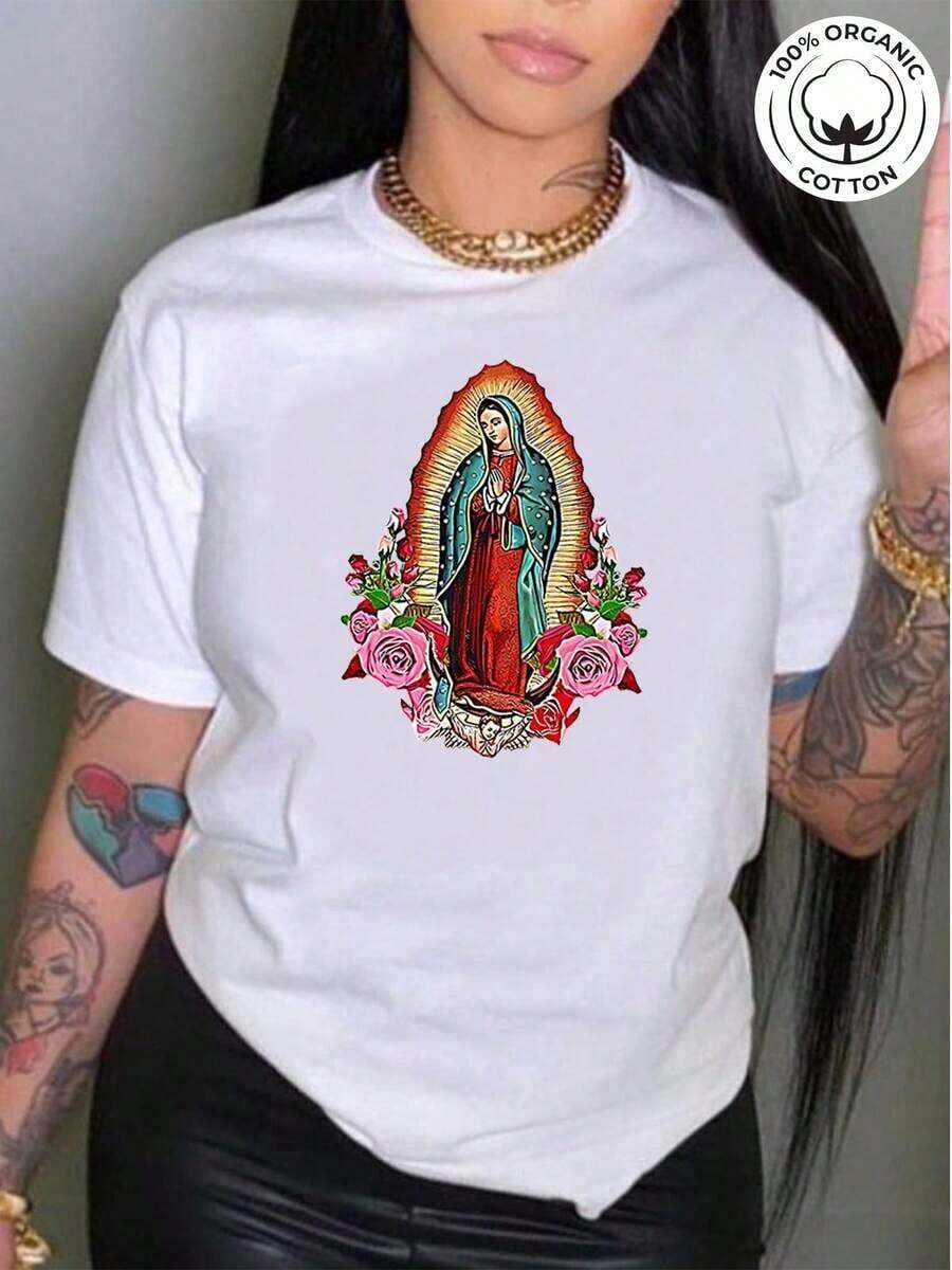 Summer Women's Plus Size One-Piece Blouses, Beautiful Women's Blouses, Women's Clothing Sets, Local Shop, And White Virgin Of Guadalupe T-Shirt, Religious Print, High Quality, Crew Neck, Basic Loose Fit, For Men And Women, Breathable, Versatile, Machine Washable, Comfortable, Sizes S-2XL, For Daily Wear, Casual, Sporty, Summer Essential. 100% Cotton. Women's Short Sleeve T-Shirt, Basic Style That Goes With Everything, For Indoor And Outdoor Wear. - 白色的 - 查看 1