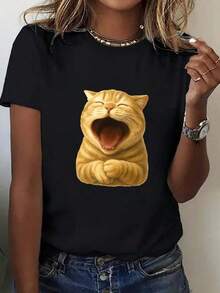 SummerCamisetas Gráficas de Talla Grande para Mujer con Estampado Vintage de Cara de Gato - Camiseta cómoda, transpirable, holgada, estilo casual urbano, en tonos blanco y negro para el uso diario de los amantes de las mascotas en verano, adecuada para todas las estaciones, diseño de cuello redondo, estampado de patrón geométrico, lavable a máquina y seca, estilo de moda primaveral, corte ajustado y cómodo, 100% algodón. Camiseta de manga corta para mujer, estilo básico que combina con todo, para uso interior y exterior. - Negro - Ver 7