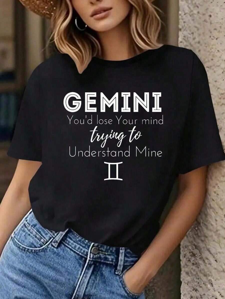Highly Recommended: Women's Gemini Zodiac Graphic T-Shirt - "You'd Lose Trying To Understand Mine". Casual Crew Neck T-Shirt, Medium Stretch, Machine Washable. Black Spring/Summer Top With Bold White Lettering. Ladies' T-Shirts, Spring Fashion, Stylish Design, Soft Material, Easy To Match. - 黑色 - 查看 1