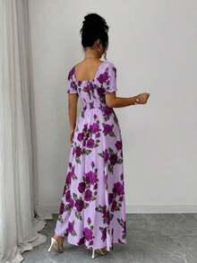YHHSHEIN Elenzya Vestido midi de manga corta con estampado de rosas rojas sobre base blanca, elegante y versátil para uso diario, vacaciones, citas, San Valentín, estilo francés retro, fiestas y primavera temprana/primavera-veranoYHH - Morado - Ver 2