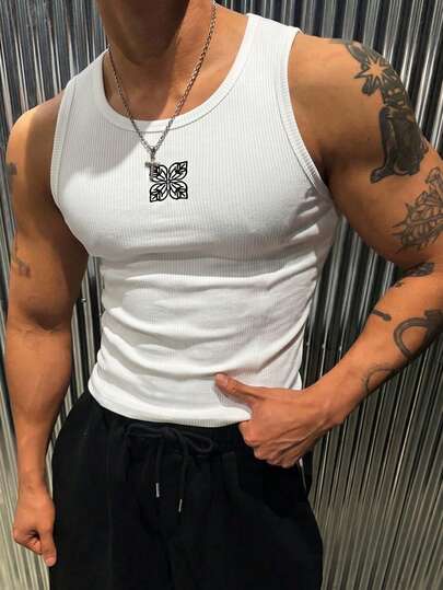 男士休闲日常白色背心，饰有刺绣复古硬币图案