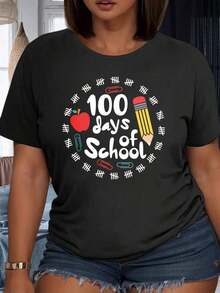 1pc Teacher T-Shirt For 100 Days Of School With Apple Pencil And Paper Clips Design, Celebration Gift For Teachers And Students, Party Wear, 220g, 100% Cotton, Women's Warm Clothing - 黑色 - 查看 1