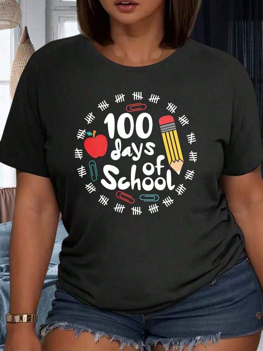 1pc Teacher T-Shirt For 100 Days Of School With Apple Pencil And Paper Clips Design, Celebration Gift For Teachers And Students, Party Wear, 220g, 100% Cotton, Women's Warm Clothing - 黑色 - 查看 1