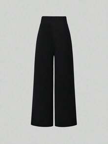 Pantalones anchos de cintura alta de unicolor de uso casual para mujeres - Negro - Ver 2