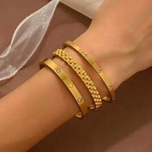 3pcs/Set Stainless Steel Bracelet Set, Rhinestone Clover Clasp Open Bangle, Suitable For Women's Daily Wear Or Gift - Yellow Gold - View 2