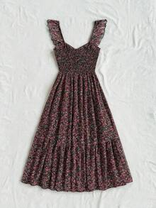 Vestido midi de línea A con cintura fruncida y escote en V, estilo vacacional para mujer.Vestido de línea A con volantes en las mangas tipo campana, de gasa, vestido de verano, adecuado para uso en bodas románticas y almuerzos - Multicolor 2 - Ver 7