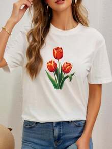 Women's White Y2K Style T-Shirt With Vibrant Tulip Print - Short Sleeve, Crew Neck, Regular Fit For Casual Wear, Spring/Summer/Autumn, Casual T-Shirt | Fashion Y2K T-Shirt | Comfortable Fit Women's Gym T-Shirts - 白色 - 查看 6