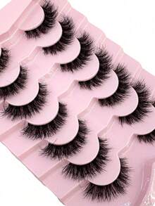 7 Pairs Luxury Soft 3D Faux Mink Lashes Set Daily Party Wear D Curl Wispy Fluffy Lightweight Dramatic Volume Reusable False Eyelashes - Black - View 3