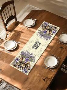 1pc Tablecloth, Decorated In Rice And Purple, Featuring Lavender, Wooden Carts, And Purple Bow Patterns, Suitable For Rustic Home Decor In A European And American Pastoral Style, Rectangular, Ideal For Dining Rooms, Parties, Festivals - Lilac Purple - View 2