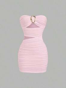 Vestido mini ajustado y sexy para mujer con hebilla metálica sin tirantes - Rosa - Ver 4