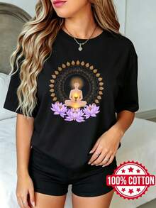 Women's Short-Sleeved, Round-Neck Black T-Shirt With A Mandala Chakra Lotus Buddha Print, Available In Sizes S-3XL. Made Of 100% Cotton. - 黑色 - 查看 1