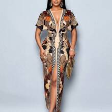 Women's Elegant Chain Print High Slit Thigh Bodycon Dress, Sexy Deep V-Neck, High Waisted Print Batwing Sleeve Dress Unique Dress - Marrón - Ver 2