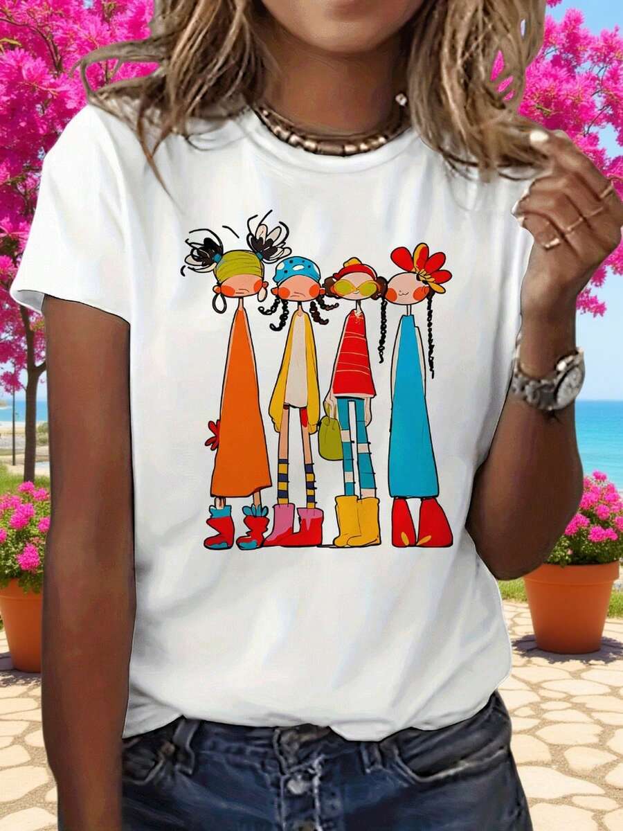 Women's , Casual, Short-Sleeved, Crew-Neck T-Shirt With An Abstract Print Of Friends, Perfect For Vacations. Made Of Pure Cotton, Machine Washable, Versatile For Going Out And Sporty Occasions. YG6R - 白色 - 查看 1