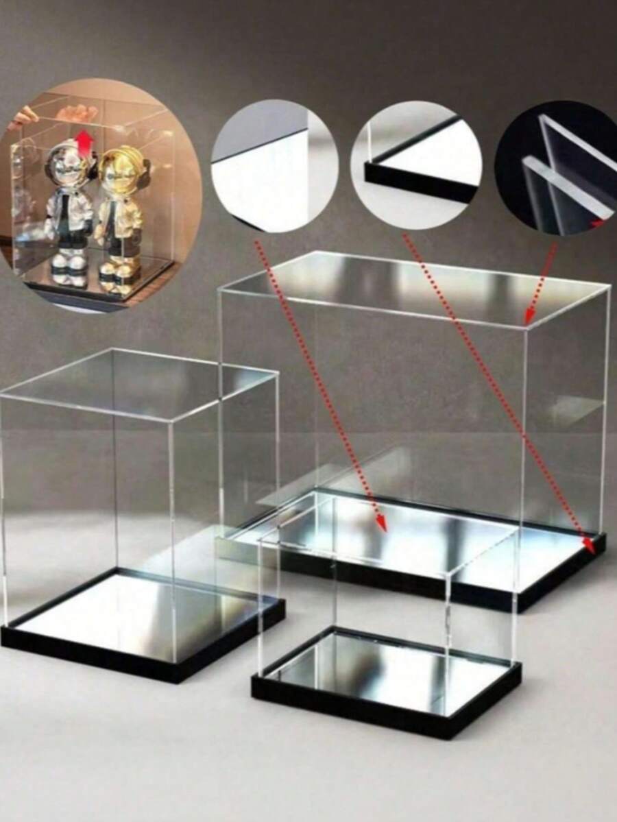 壓克力展示盒,厚透明壓克力 + 鏡面底座,適用於模型/禮物/積木/包包/娃娃(請參考圖片尺寸) - 黑底+鏡面 - 查看 1
