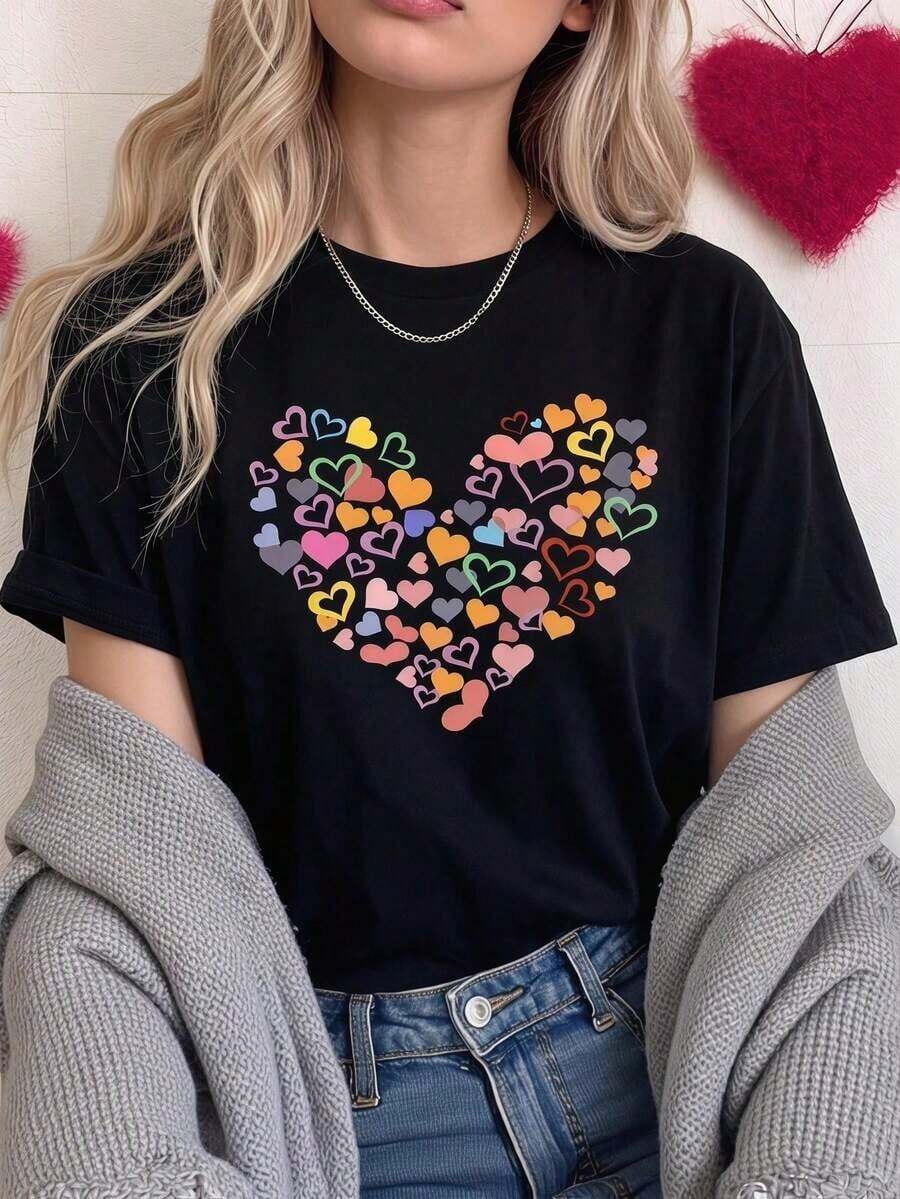 Camiseta de manga corta para mujer, cuello redondo, holgada, casual y versátil, nuevo estampado de mariposas y árboles, ideal como capa base, tejido suave con buena caída - Negro - Ver 1