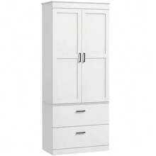Freestanding Kitchen Unit With Adjustable Shelves And Two Large Drawers For Living Room Or Kitchen, White - White - View 1