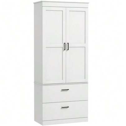 Freestanding Kitchen Unit With Adjustable Shelves And Two Large Drawers For Living Room Or Kitchen, White