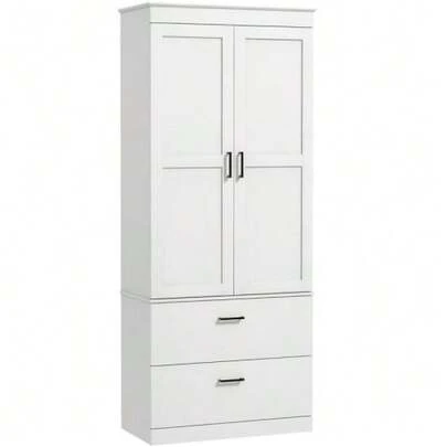 Freestanding Kitchen Unit With Adjustable Shelves And Two Large Drawers For Living Room Or Kitchen, White