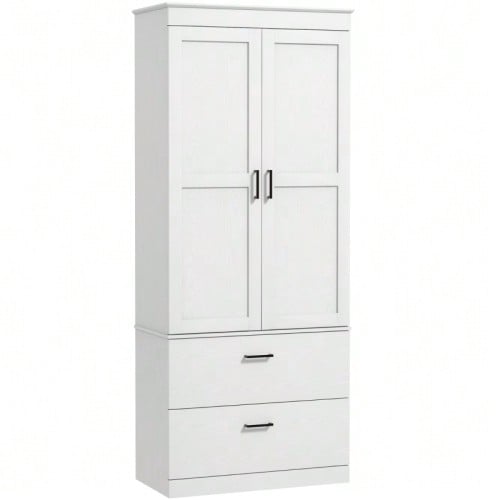 Freestanding Kitchen Unit With Adjustable Shelves And Two Large Drawers For Living Room Or Kitchen, White