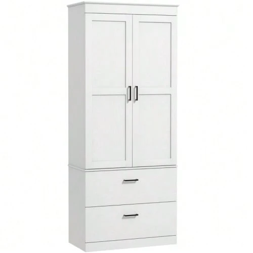 Freestanding Kitchen Unit With Adjustable Shelves And Two Large Drawers For Living Room Or Kitchen, White - White - View 1