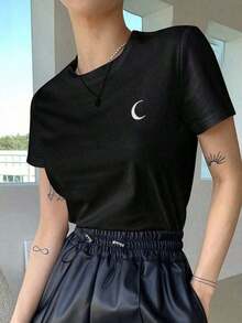 Camiseta Estampada De La Luna Con Cuello Redondo - Negro - Ver 4
