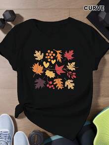 Camiseta Deportiva de Manga Corta para Mujer Talla con Estampado de Follaje Otoñal - Negro - Ver 1