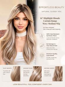 16-Inch Ombre Ash Blonde Long Wavy Wig With Curtain Bangs, Heat-Resistant Synthetic Hair, Natural Looking Full Headpiece For Women, Daily Party Cosplay - Blonde Ombre - View 3