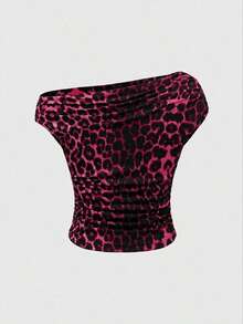 Grunge Punk Camiseta de mujer con hombros ajustados y fruncidos, estilo retro del milenio Shibuya Girl Y2K - Rosa Fucsia - Ver 2