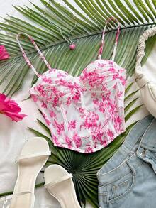Top de camisola de malla con estampado floral vintage romántico para mujeres, adecuado para vacaciones, citas, té de la tarde, vacaciones, festivales de música, estilo bohemio, primavera/verano - Rosa Pálido - Ver 8
