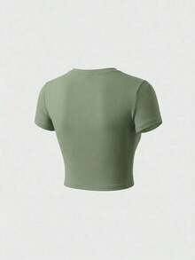 Camiseta de mujer de verano nueva, de corte slim, de cuello redondo y manga corta, top de moda para uso diario y vacaciones. Top de camiseta de mujer. - Verde Oliva - Ver 4